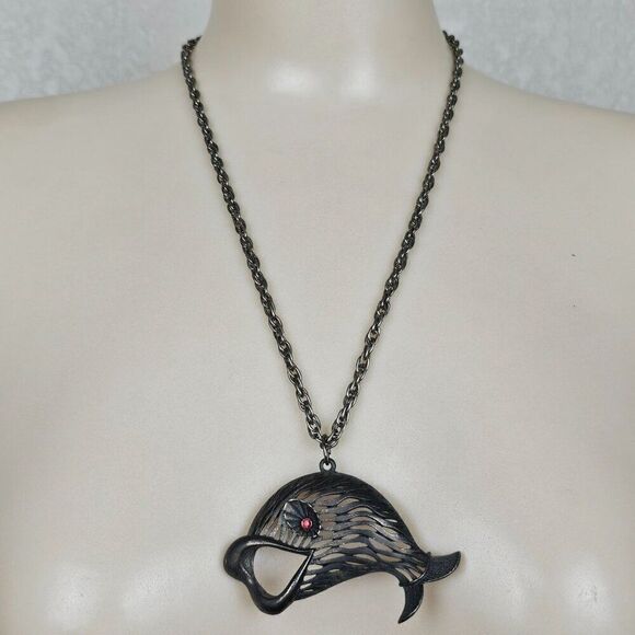 Vintage Jewelry - Vtg JJ Jonette Large Pewter Fish Pendant Necklace Open‎ Mouth Red Rhinestone Eye